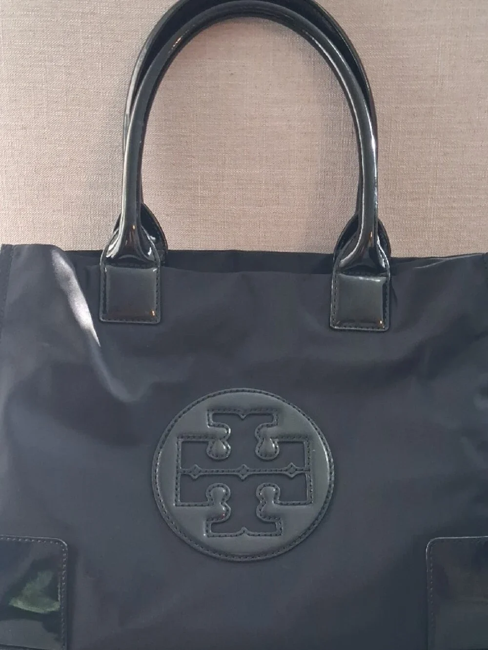 Tory Burch Black Nylon Tote with Patent Trim and Logo